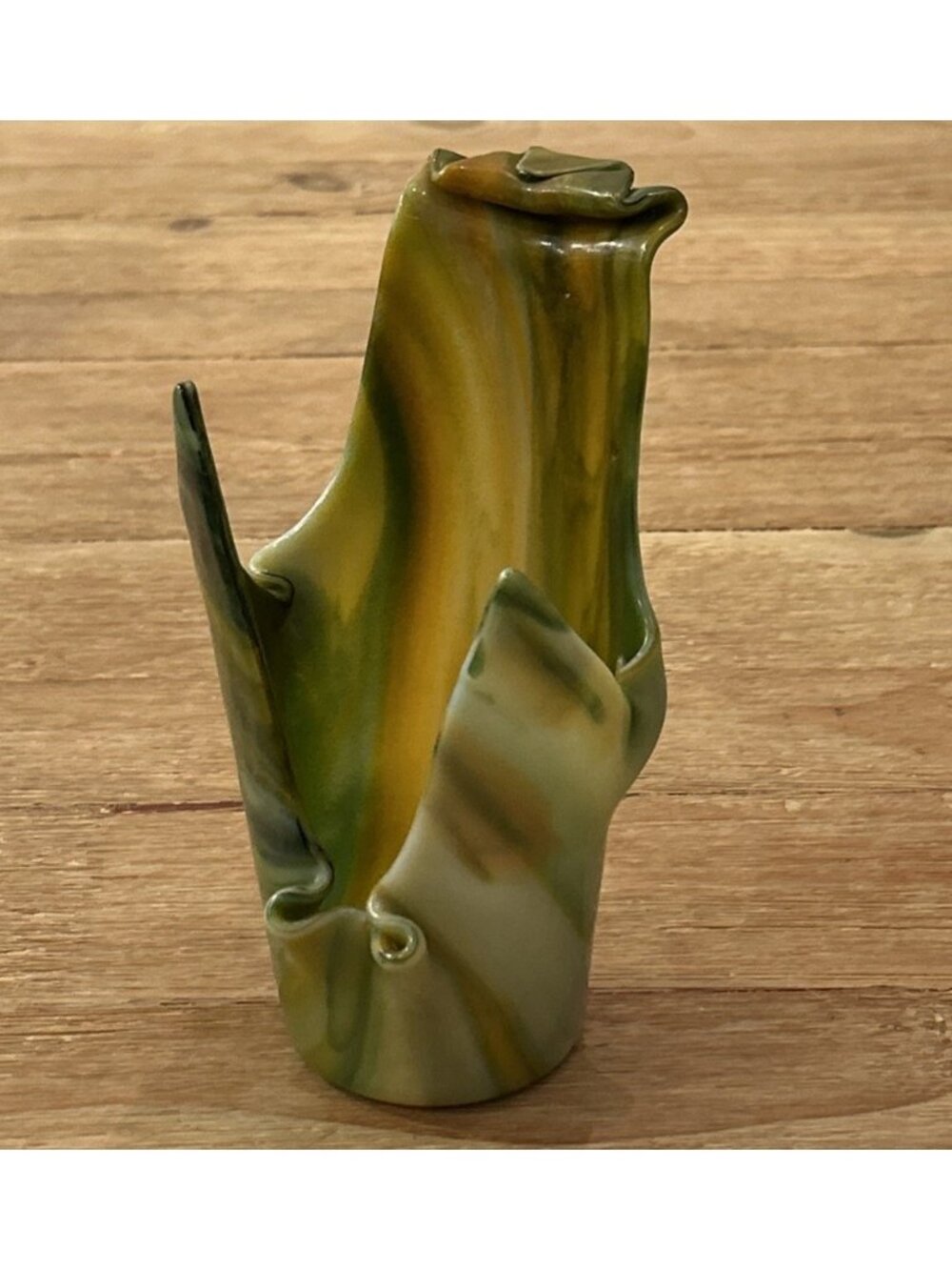 Handcrafted Slag Glass Handkerchief Vase Green Yellow Swirls Artist Bob Geiger